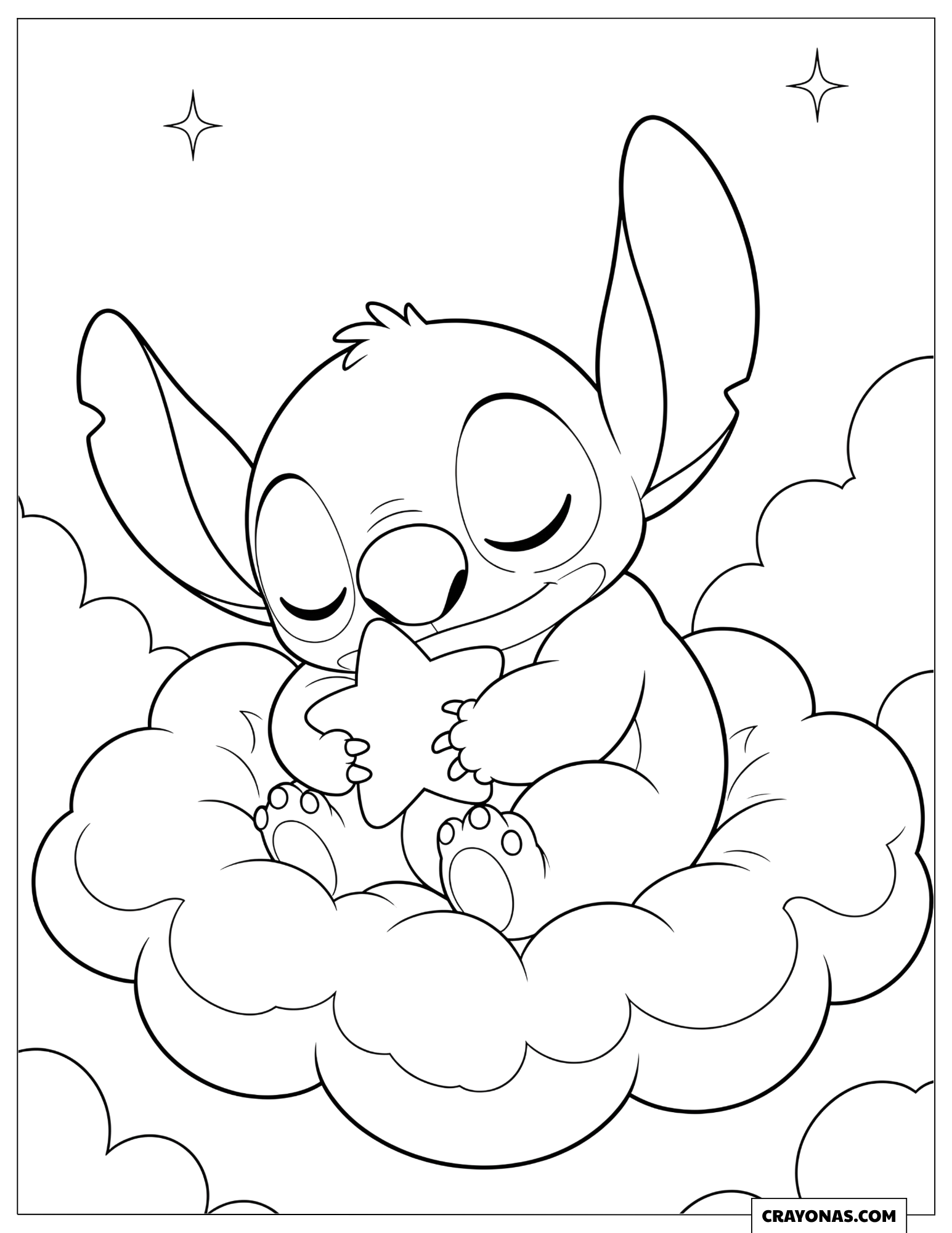 Stitch Sleeping on a Cloud Coloring Page for Preschooler